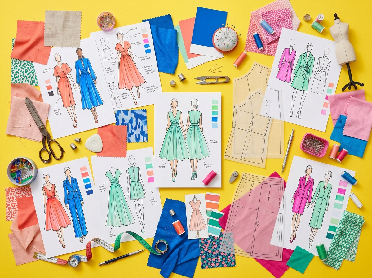 CLOTHING DESIGN studio fashion sketches and fabric swatches